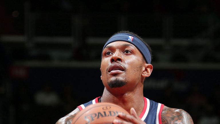 Bradley Beal shoots a free throw against the Atlanta Hawks