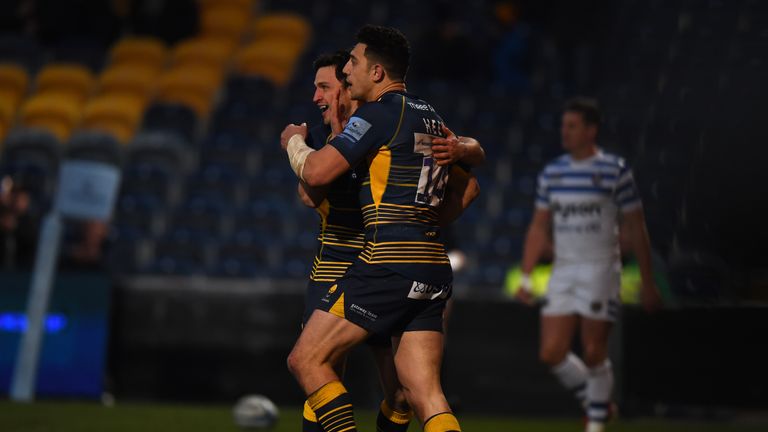 Bryce Heem of Worcester Warriors celebrates scoring a try during the Gallagher Premiership Rugby match between Worcester Warriors and Bath Rugby at Sixways Stadium on January 05, 2019 in Worcester, United Kingdom