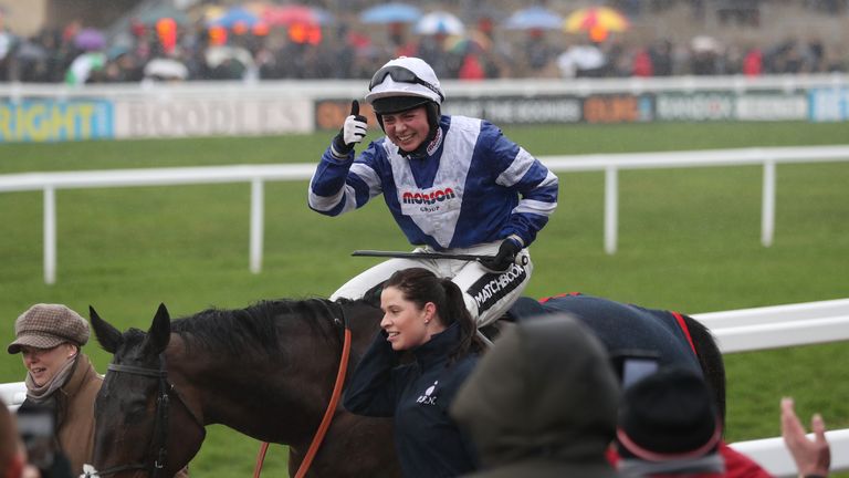 Bryony Frost celebrates her victory on Frodon in the BetBright Trial Cotswold Chase during Festival Trials Day at Cheltenham Racecourse. 