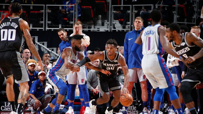 Buddy Hield #24 of the Sacramento Kings looks to make a play against the Detroit Pistons on January 19, 2019 at Little Caesars Arena in Detroit, Michigan. 