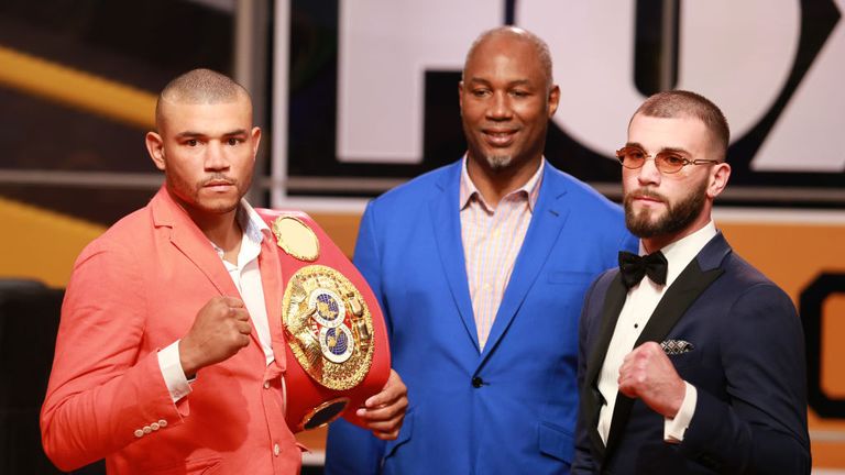 Jose Uzcategui, Lennox Lewis and Caleb Plant attend FOX Sports and Premier Boxing Champions Press Conference Experience on November 13, 2018 in Los Angeles