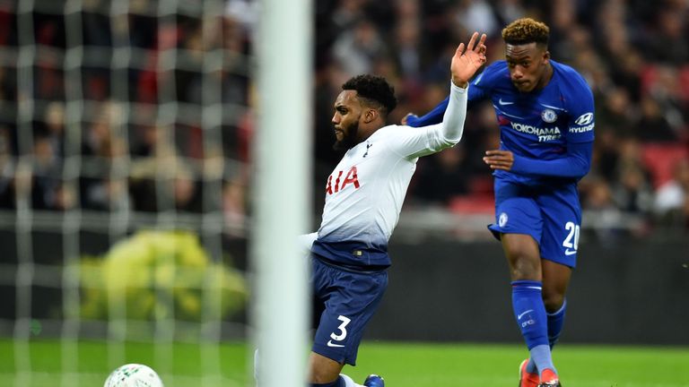 Chelsea's Callum Hudson-Odoi fires off a shot as Tottenham's Danny Rose challenges in the Carabao Cup semi-final first leg at Wembley