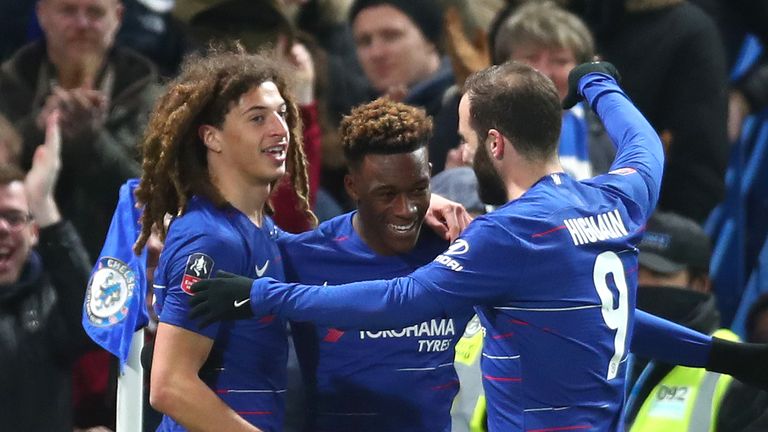 Callum Hudson-Odoi celebrates with Gonzalo Higuain and Ethan Ampadu after scoring Chelsea's second goal against Sheffield Wednesday