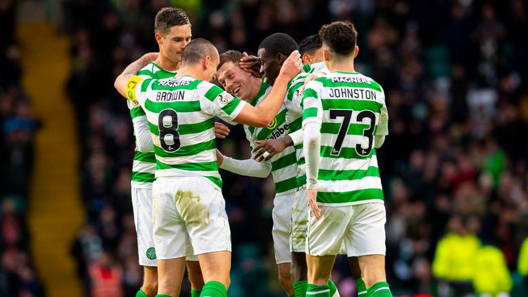 Callum McGregor celebrates with team-mates after scoring to make it 1-0 Celtic against Hamilton