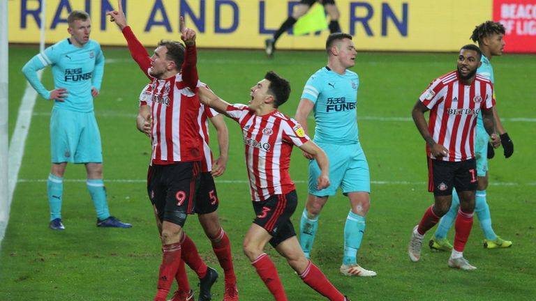 Charlie Wyke celebrates putting Sunderland 2-0 up against Newcastle U23s in the Checkatrade Trophy