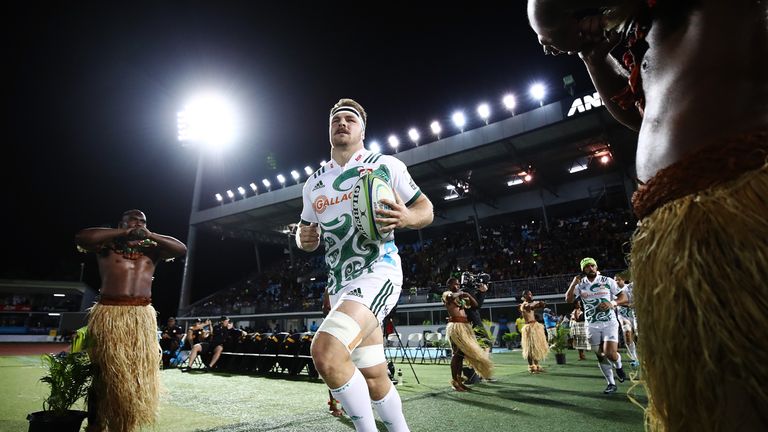 The Chiefs' Sam Cane leads his side out ahead of their Super Rugby clash with the Highlanders at ANZ National Stadium in 2018