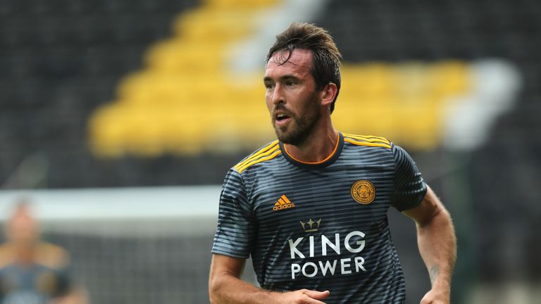 Christian Fuchs during the pre-season friendly match between Notts County and Leicester City at Meadow Lane on July 21, 2018 in Nottingham, England.