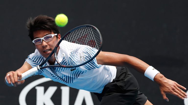 Hyeon Chung of Korea plays a forehand in his first round match against Bradley Klahn of the United States during day two of the 2019 Australian Open at Melbourne Park on January 15, 2019 in Melbourne, Australia
