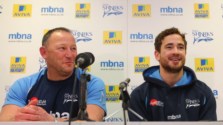 SALFORD, ENGLAND - FEBRUARY 21: Danny Cipriani of Sale Sharks sits alongside Steve Diamond Director of Rugby for Sale Sharks during a press conference announcing his new two year contract with the club following the Aviva Premiership match between Sale Sharks and Saracens at the AJ Bell stadium on February 21, 2015 in Salford, England. (Photo by Dave Thompson/Getty Images)