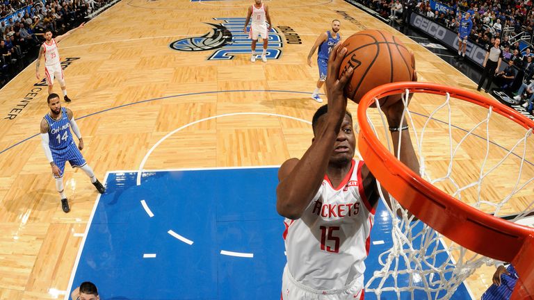 Clint Capela #15 of the Houston Rockets dunks against the Orlando Magic on January 13, 2019 at Amway Center in Orlando, Florida. 