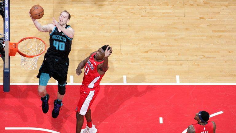 WASHINGTON, DC -..DECEMBER 29: Cody Zeller #40 of the Charlotte Hornets goes to the basket against the Washington Wizards on December 29, 2018 at Capital One Arena in Washington, DC. NOTE TO USER: User expressly acknowledges and agrees that, by downloading and/or using this photograph, user is consenting to the terms and conditions of the Getty Images License Agreement. Mandatory Copyright Notice: Copyright 2018 NBAE (Photo by Ned Dishman/NBAE via Getty Images).