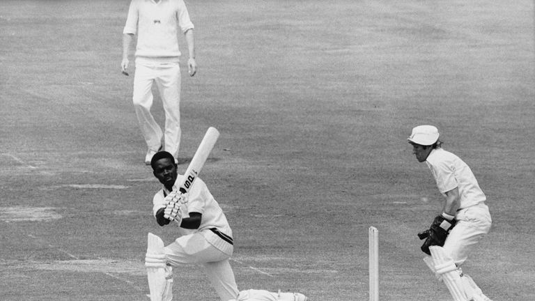 West Indian batsman Collis King in action during the Cricket World Cup Final (aka Prudential Cup) against England at Lord's, London, 23rd June 1979. England wicket keeper BobTaylor looks on. 