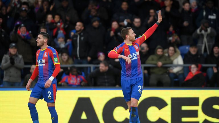 Connor Wickham of Crystal Palace celebrates after scoring his team's first goal during the FA Cup Fourth Round match between Crystal Palace and Tottenham 