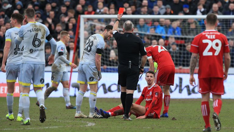 Barlaser was sent off by Moss with an hour gone at the Wham Stadium