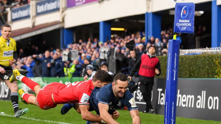 12 January 2019; Dave Kearney of Leinster scores his side's second try despite the tackle of Romain Ntamack of Toulouse during the Heineken Champions Cup Pool 1 Round 5 match between Leinster and Toulouse at the RDS Arena in Dublin. Photo by Stephen McCarthy/Sportsfile