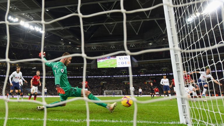David de Gea during the Premier League match between Tottenham Hotspur and Manchester United at Wembley Stadium on January 13, 2019 in London, United Kingdom.