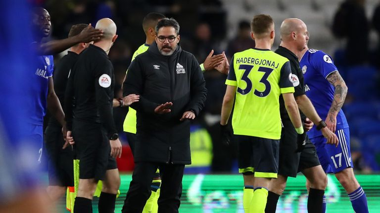 Huddersfield boss David Wagner protests with the officials after the draw