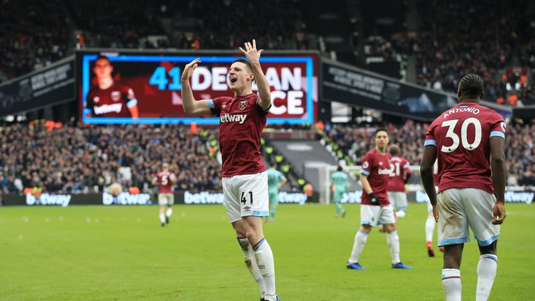 Declan Rice celebrates after giving West Ham the lead