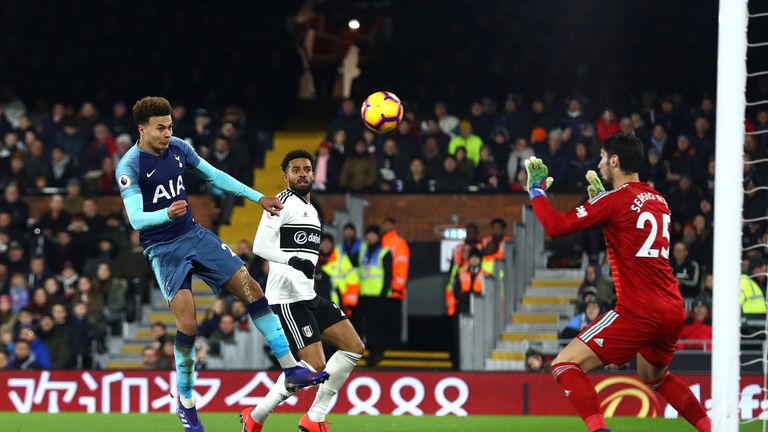 Dele Alli of Tottenham scores his sides first goal during the Premier League match between Fulham FC and Tottenham Hotspur at Craven Cottage on January 20, 2019 in London, United Kingdom