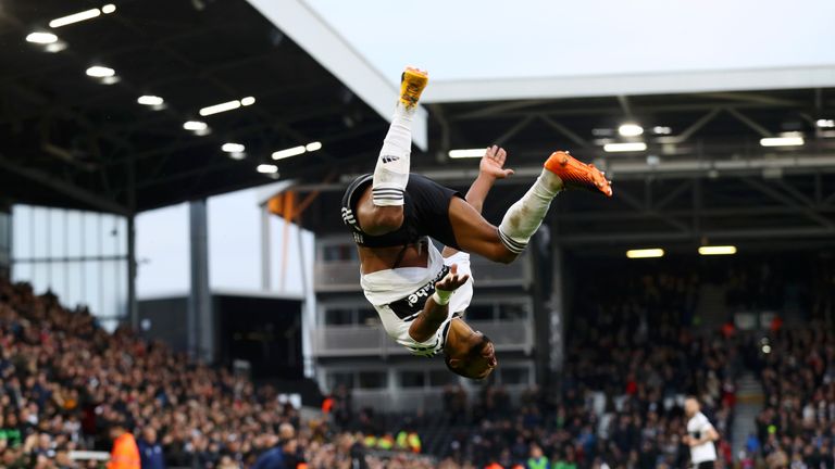 Denis Odoi of Fulham celebrates after scoring his team's first goal during the FA Cup Third Round match between Fulham and Oldham Athletic at Craven Cottage on January 6, 2019 in London, United Kingdom