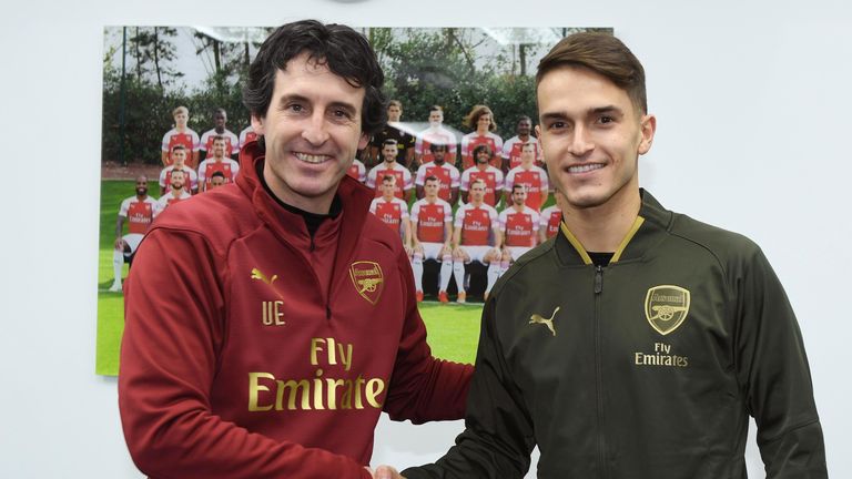 Denis Suarez with Arsenal head coach Unai Emery at London Colney