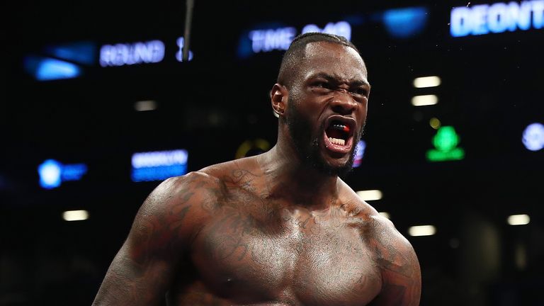 NEW YORK, NY - NOVEMBER 04:  Deontay Wilder celebrates after knocking down Bermane Stiverne in the first round during their rematch for Wilder&#39;s WBC heavyweight title at the Barclays Center on November 4, 2017 in the Brooklyn Borough of  New York City.  (Photo by Al Bello/Getty Images)