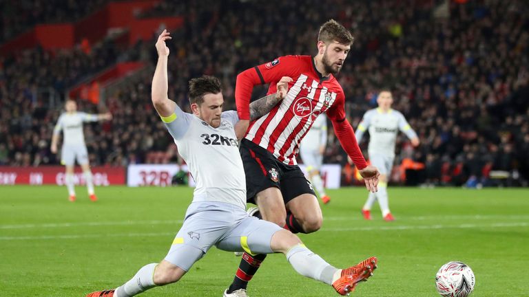 Derby County's Jack Marriott (left) and Southampton's Jack Stephen battle for the ball