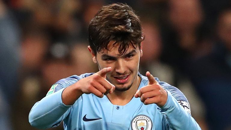Brahim Diaz of Manchester City celebrates after scoring his team&#39;s second goal during the Carabao Cup Fourth Round match between Manchester City and Fulham at Etihad Stadium on November 1, 2018 in Manchester, England