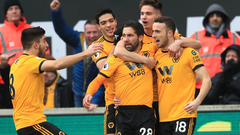 Diogo Jota celebrates scoring Wolves' first goal of the game