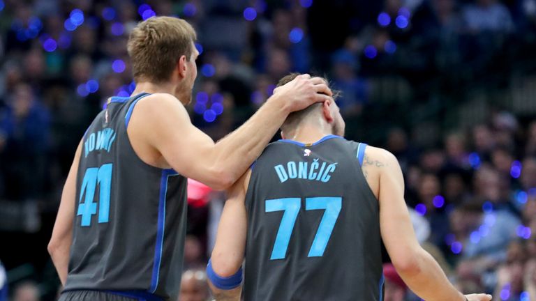Dirk Nowitzki celebrates with Luka Doncic in the first half against the San Antonio Spurs