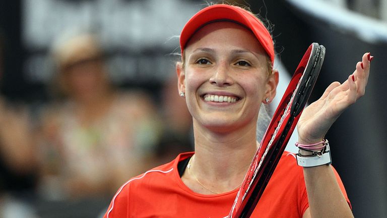 Donna Vekic of Croatia celebrates her vitcory against Belarus' Aliaksandra Sasnovich during their women's singles quarter-final match at the Brisbane International tennis tournament in Brisbane on January 4, 2019. 