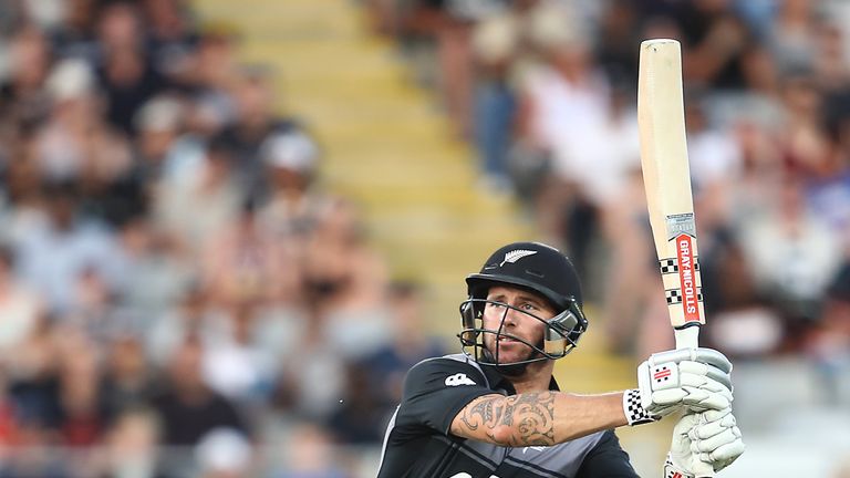 JANUARY 11: Doug Bracewell of the New Zealand Black Caps bats during the International Twenty20 match between New Zealand and Sri Lanka at Eden Park on January 11, 2019 in Auckland, New Zealand. (