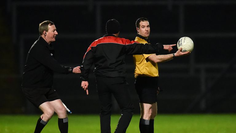 Not happy: Down manager Paddy Tally remonstrates with referee Martin McNally during the loss to Laois