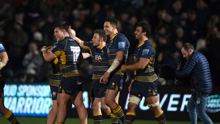 Duncan Weir of Worcester Warriors celebrates kicking the winning points during the Gallagher Premiership Rugby match between Worcester Warriors and Bath Rugby at Sixways Stadium on January 05, 2019 in Worcester, United Kingdom.
