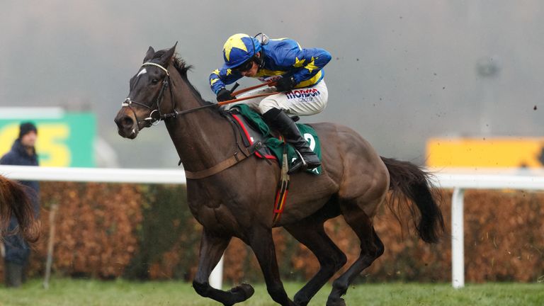 Dynamite Dollars ridden by Harry Cobden on the way to winning The randoxhealth.com Henry VIII Novices' Chase during day two of the Betfair Tingle Creek Christmas Festival at Sundown Park Racecourse, Sandown