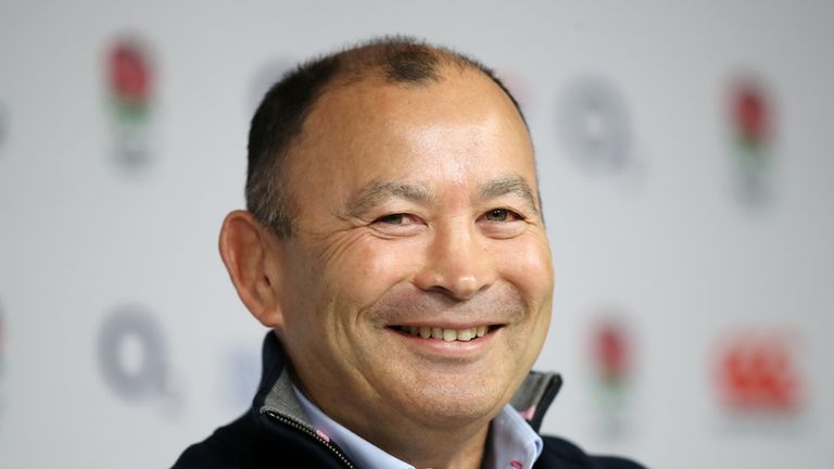 Eddie Jones smiles during the England squad announcement at Twickenham Stadium