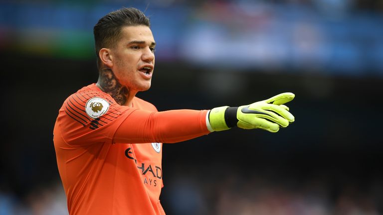 Ederson during the Premier League match between Manchester City and Huddersfield Town at Etihad Stadium on August 19, 2018 in Manchester, United Kingdom