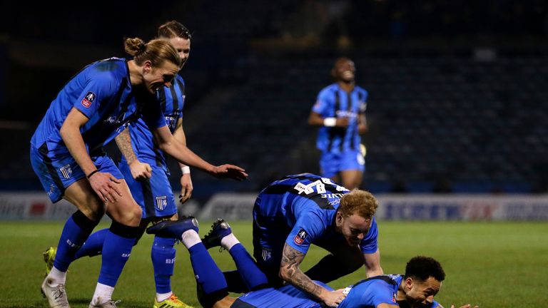 Elliott List celebrates during the FA Cup Third Round match between Gillingham and Cardiff City at Priestfield Stadium on January 5, 2019 in Gillingham, United Kingdom.