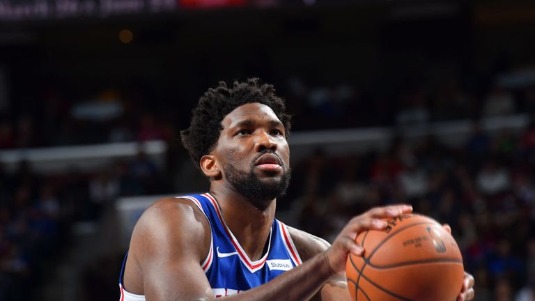 Joel Embiid of the Philadelphia 76ers shoots a free-throw against the Houston Rockets