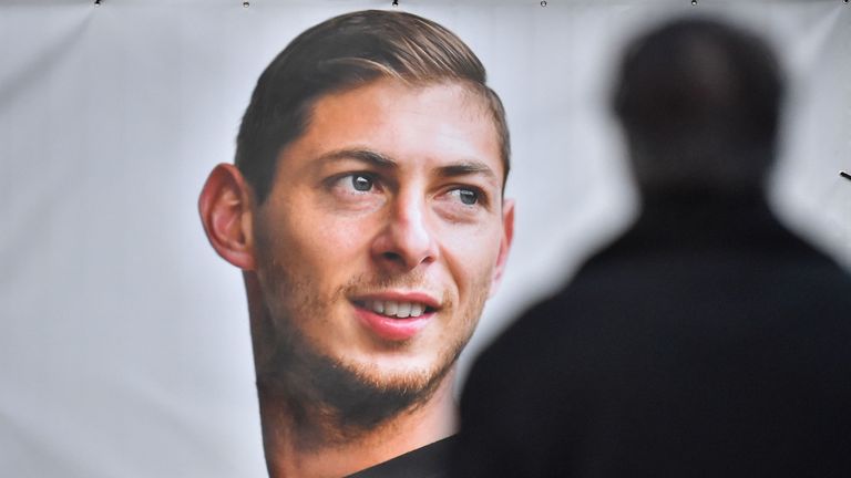 A portrait of missing footballer Emiliano Sala is displayed at the entrance to FC Nantes' training centre