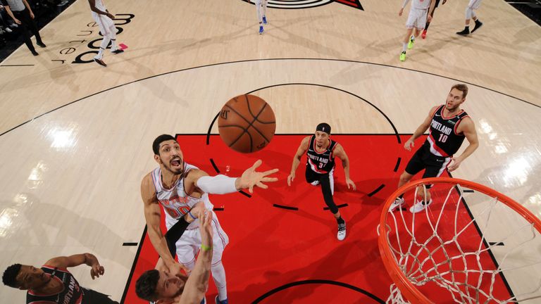 PORTLAND, OR - JANUARY 7: Enes Kanter #00 of the New York Knicks shoots the ball during the game against the Portland Trail Blazers on January 7, 2019