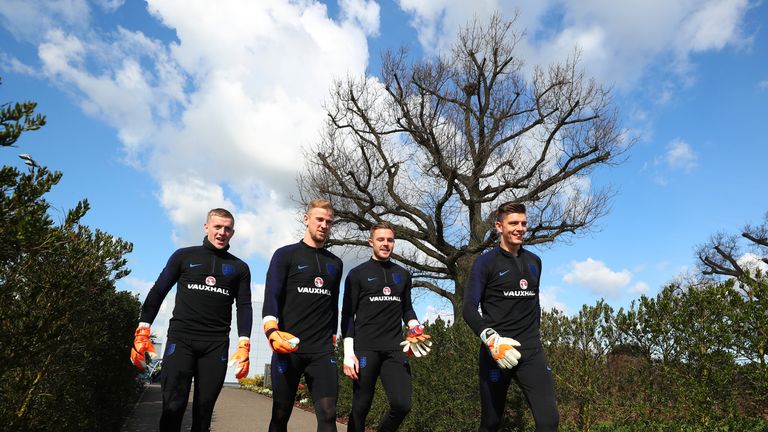 ENFIELD, ENGLAND - MARCH 26:  Goalkeepers Jordan Pickford, Joe Hart, Jack Butland and Nick Pope look on during an England training session, on the eve of their international friendly against Italy at Tottenham Hotspur Training Centre, on March 26, 2018 in Enfield, England.  (Photo by Catherine Ivill/Getty Images)
