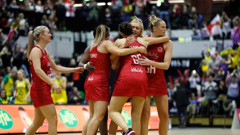 England Vitality Roses celebrate the win during the Vitality Netball International Series match between England Vitality Roses and Australian Diamonds, as part of the Netball Quad Series at Copper Box Arena on January 20, 2019 in London, England