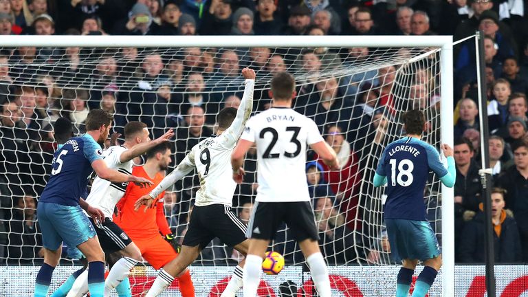 Fernando Llorente scores an own goal to make the score 1-0 during the Premier League match between Fulham FC and Tottenham Hotspur at Craven Cottage on January 20, 2019 in London, United Kingdom.
