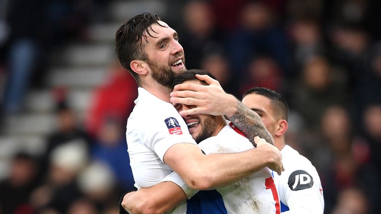 Shane Duffy and Florin Andone during the FA Cup Third Round match between AFC Bournemouth and Brighton and Hove Albion at Vitality Stadium on January 5, 2019 in Bournemouth, United Kingdom.