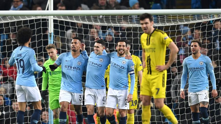 Phil Foden celebrates during the Carabao Cup Semi Final First Leg match between Manchester City and Burton Albion at Etihad Stadium on January 9, 2019 in Manchester, United Kingdom.