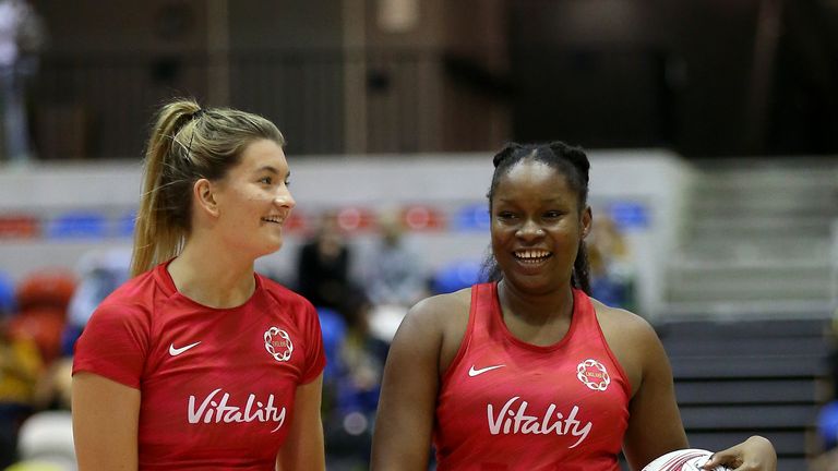 Fran Williams and Razia Quashie before one of the Vitality Roses' matches against Uganda in 2018 
