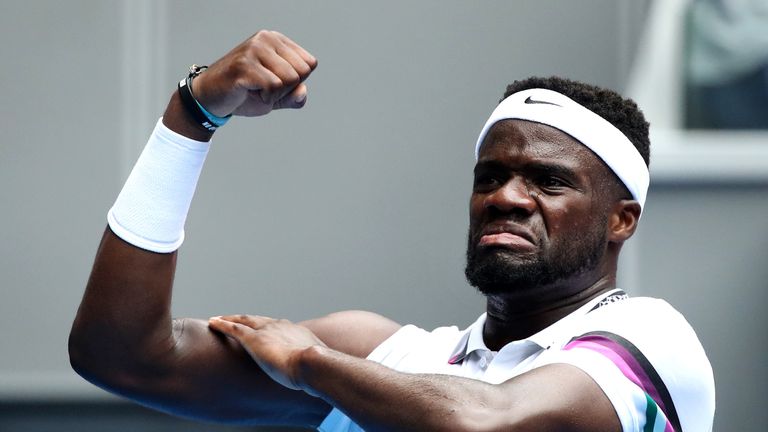 Frances Tiafoe of France celebrates winning match point in his second round match against Kevin Anderson of South Africa during day three of the 2019 Australian Open at Melbourne Park on January 16, 2019 in Melbourne, Australia.