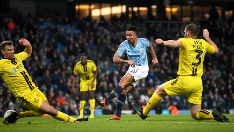 Gabriel Jesus during the Carabao Cup Semi Final First Leg match between Manchester City and Burton Albion at Etihad Stadium on January 9, 2019 in Manchester, United Kingdom