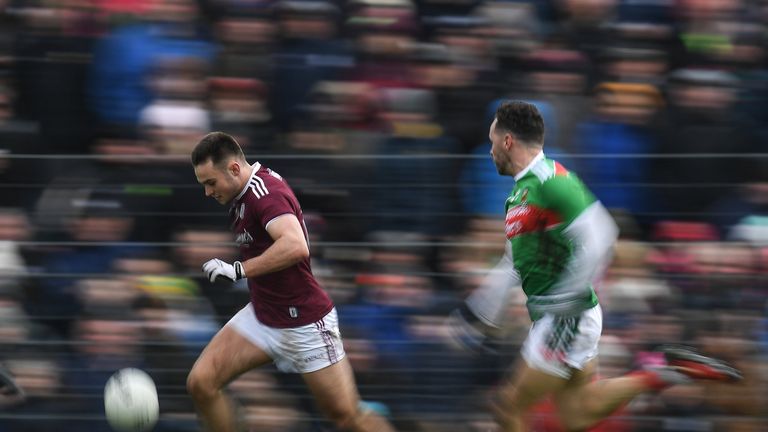 Cillian McDaid of Galway in action against David Drake of Mayo during the Connacht FBD League semi-final